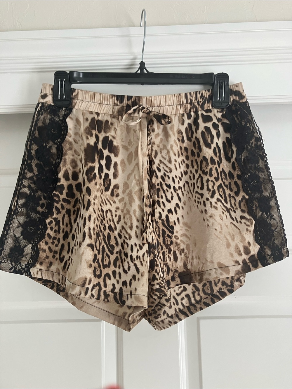Davi & Dani Leopard Print Satin Shorts with Black Lace Trim